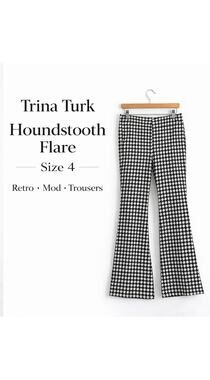 Trina Turk Houndstooth Flare Pants 4 Black White Bell Bottom Stretch